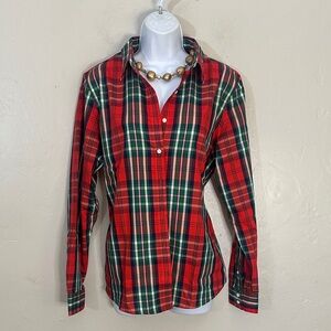 Lands' End Classic Red and Green Plaid Button-Down Shirt